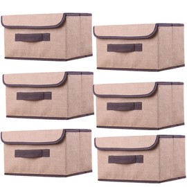 NCRGB Pack of 6 Fabric Foldable Storage Boxes with Lid, 26 x 19 x 16 cm, Fabric Storage Container with Lid, Wardrobe Organiser for Clothes Storage, Room Organisation, Beige