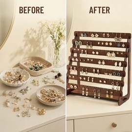 Wooden Earring Display Stand, Large Capacity Multi-Tier Jewelry Organizer Rack for Studs, Hoops and Dangle Earrings, Tabletop Vanity and Boutique Holder