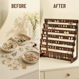 Wooden Earring Display Stand, Large Capacity Multi-Tier Jewelry Organizer Rack for Studs, Hoops and Dangle Earrings, Tabletop Vanity and Boutique Holder