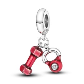 HONGRUI - Abalorio de plata de ley 925 para pulseras y collares, diseño de lazo de corazón, flores y mariposas, para mujeres, regalos de joyería de día festivo (equipo de fitness rojo)