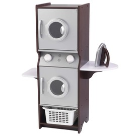KidKraft Laundry Playset Children's Pretend Wooden Stacking Washer and Dryer Toy with Iron and Basket, Espresso, Gift for Ages 3+