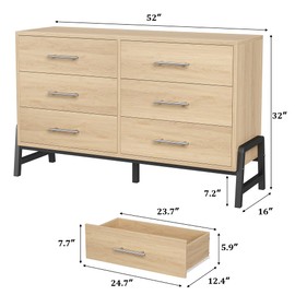 GarveeHome 6 Dresser for Bedroom, 52" Wide Dresser, Wide Drawer with Storage Freestanding, Wooden Closet Storage Chest for Living Room, Bedroom, Entryway, Natural Oak