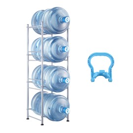 VEVOR 4 Tiers Water Jug Holder, 5 Gallon Water Bottle Holder, Single Row Water Bottle Rack for 4 Bottles, Heavy Duty Water Jug Rack for Kitchen, Office, Living Room, Silver