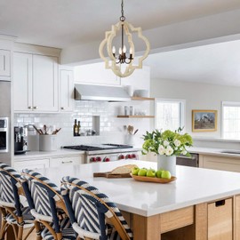 GEPOW Farmhouse Chandelier, Large Orb Wood Light Fixture with Distressed White Finish for Dining Room, Bedrooms, Living Rooms and Foyer