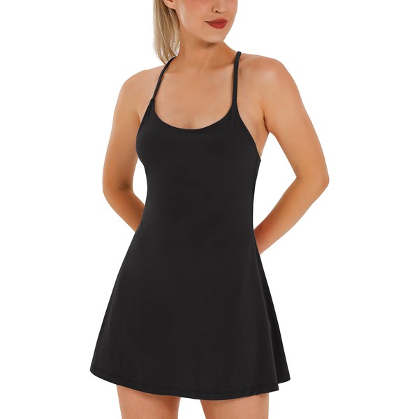 Womens Tennis Dress, Workout Dress with Built-in Bra & Shorts Pockets Exercise Dress for Golf Athletic Dresses for Women Black
