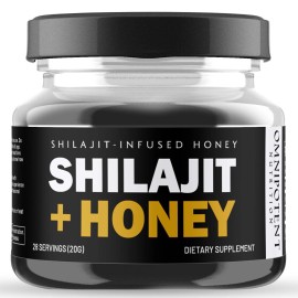 Pure Organic 100% Pure Himalayan Shilajit, Soft Resin, Extremely Potent, Fulvic Acid - 20g Shilajit + Honey (28 servings)