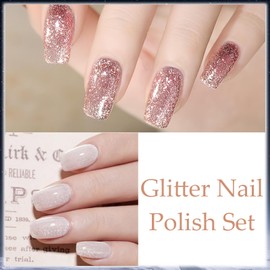 Glitter Nail Polish Set, 6pcs Silver & Gold Sparkle Nail Polish, Long Wear Reflective Glitter Gel Polish Gift Set for Women Girls, Chunky Glitter & Pearlescent Nail Polish Soak off UV Lamp