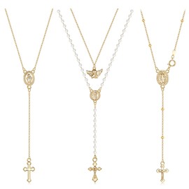 Morfetto Pack of 3 Cross Necklaces for Women Men Rosary Beads Catholic Necklaces with Angel Jesus Virgin Mary Pendant Gold Silver-Plated Rosary Beads Y Necklaces Chain for Prayer, Metal, Pearl