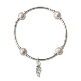 Made As Intended Smaller Bead White Pearl Blessing Bracelet with Sterling Angel Wing Charm, Large Size