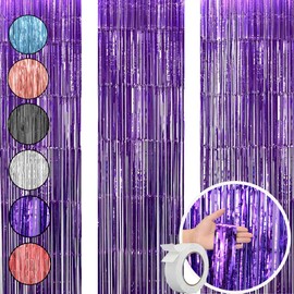 3 pcs Purple Foil Fringe Backdrop Curtains, Tinsel Streamers Birthday Party Decorations, Photo Booth Props，for Graduation, Baby Shower, Gender Reveal, Disco Party -Extra Giveaway Double-Sided Tape