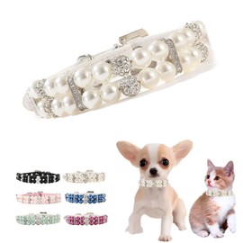 White Pearl Dog Collar, Crystal Fancy Bling Pearl Cat Collar Girl Puppy Collars Rhinestone Luxury Beaded Necklace Diamond Pet Jewelry for XXS XS Small Medium Female Dogs Cats, Large