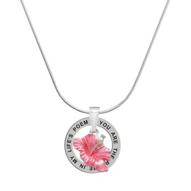 Delight Jewelry Silvertone Hot Pink Hibiscus Flower Silver-tone You are the Rhyme in My Life's Poem Ring Necklace, 18"