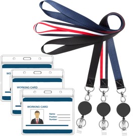 YOUOWO Neck Strap, Neck Strap, Elastic Reel, ID Card Holder, Horizontal Type, Pack of 3 Each, Black, Dark Blue, Red White