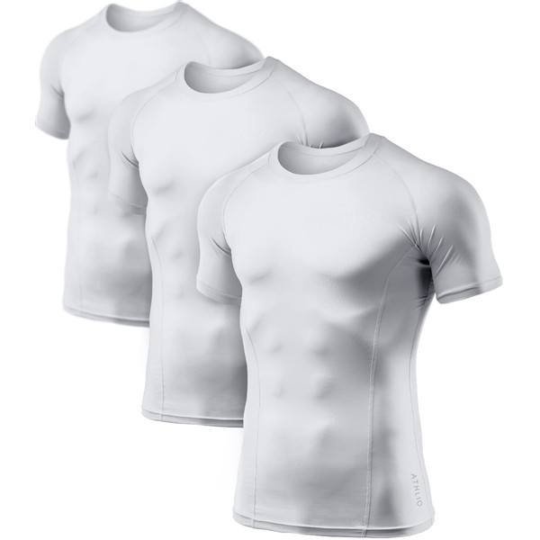 ATHLIO Men's Cool Dry Short Sleeve Compression Shirts, Sports Baselayer T-Shirts Tops, Athletic Workout Shirt, 3pack Tops White/White/White, Medium