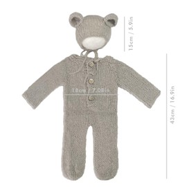 Ederafoto 2Pcs Newborn Photography Props Boy Photo Posing Outfits Baby Photoshoots Costume Girl Crochet Bear Hat Romper (Grey)