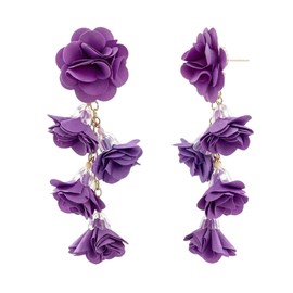 YUNXI Flower Dangle Earrings for Women Layered Fabric Rose Petal Drop Earrings with Crystal Beads Long Statement Floral Tassel Boho Wedding Party Summer Jewelry (Violet)