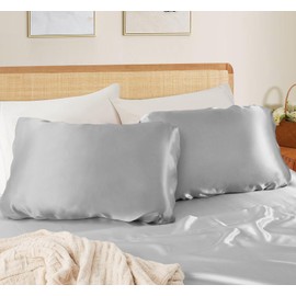 SiinvdaBZX Silver Grey Satin Pillowcase Standard/Queen Size Set of 2, Silky Travel Elastic Band Satin Pillow Case for Hair and Skin, Soft Portable & Fit for Various Pillow