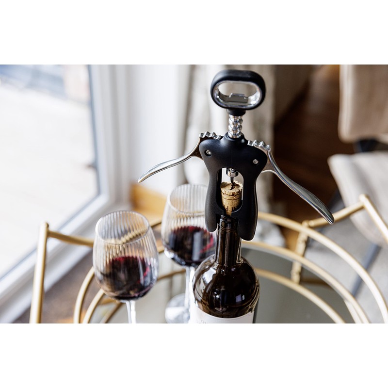 BarCraft Double Handled Winged Corkscrew, Black, Carded, BCSCREWWING, Silver