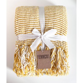 Fennco Styles Chenille Woven Striped Tassel Throw Blanket 50" W x 60" L - Mustard Yellow Soft Blanket for Bed, Couch, Sofa, Home, Office and Holidays Décor