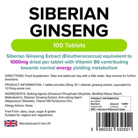 Lindens Siberian Ginseng Root 1000mg 3-Pack 300 Tablets with Vitamin B6 Eleutherococcus Natural
