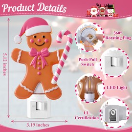 Pink Gingerbread Night Light, Christmas Pink Gingerbread Man Night Light Plug into Wall, Powered by C7 LED Bulb, 120v 60hz for Christmas Decoration Home Bedroom Bathroom Hallway Xmas Indoor Use