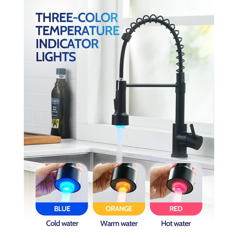 LUFEIDRA Black Kitchen Faucet with Sprayer LED Light, High Arc