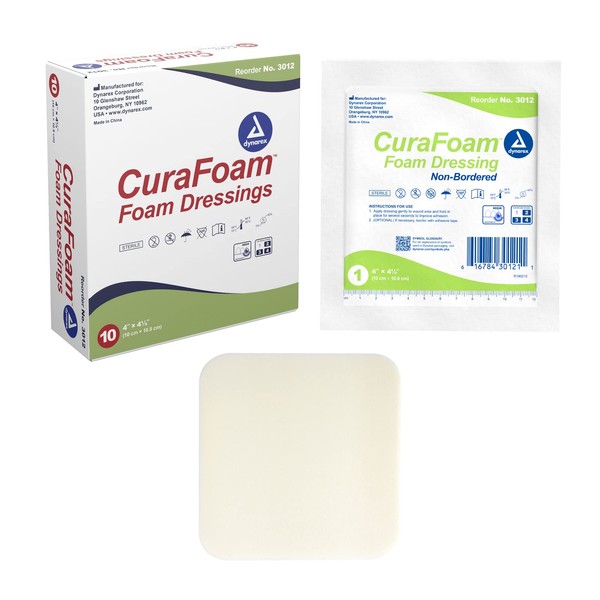Dynarex CuraFoam Foam Dressings, Non-Bordered, Sterile, Provides Cushioned and Moist Wound Care, Used for Medium to Heavy Exuding Wounds, 4" x 4.25", 1 Box of 10 CuraFoam Dressings