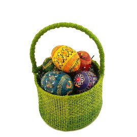 Easter Green Basket 5 Pysanky Hand Painted Wooden Ukrainian Eggs 1 7/8 Inch
