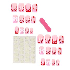 KTAABTR French Tip Press on Nails Medium Length Strawberries Fake Nails with Design Bows Charms Acrylic Nails Supply Nude Glossy False Nails Stick on Nails for Women Girls 24 Pcs Artificial Nails Set