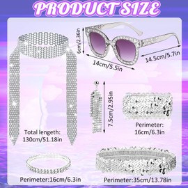 6Pcs 1970s Disco Accessories, 70s Disco Costume Set, Square Frame Bling Sunglasses Earrings Long Scarf Headband Bracelet Disco Fancy Dress Kit for Women Retro 70 80 Theme Party Hippie Costume Silvery