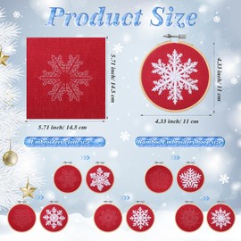 Roowest 6 Sets Christmas Embroidery Kits for Beginners Adults Winter Snowflakes Cross Stitch Kit Christmas Tree Ornament DIY Craft Needlepoint Set with Patterns Threads Needle Rope Ribbon(Red)