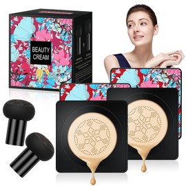 2 Pcs Mushroom Head Air Cushion CC Cream, Moisturizing & Oil Control Foundation Cover Concealer, Long Lasting Air Cushion CC Cream with Mushroom Makeup Sponge, Liquid Foundation CC Cream for Makeup