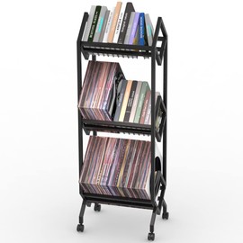 MOOMLIFE Mobile Vinyl Record Storage Rack, LP Storage Shelf, Record Holder for Albums, Magazine Display, Book and Files Organizer, 3 Tier Vinyl Record Stand with Matte Black Metal