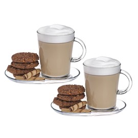 DESTALYA Coffee Mugs with Handles and Saucers Set | Clear Glass 13.52 oz Handled Cups for Hot Beverages Cold Drinks | Tea Espresso Cappuccino Hot Chocolate