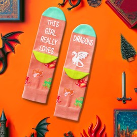 HAPPYPOP Crazy Dragon Gifts for Girls Kids; Silly Kids Girls Socks Dragon Girl Socks Dragon Stuff, Kids Socks for Girls 7-9 Years Old