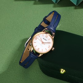 BUREI Women Watches Simple Leather Strap Watch Quartz Watches Small Thin Ladies Watch Bracelet Band Wristwatch Relogio Feminino (Brown and Black), white face blue, Classic