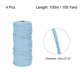 MECCANIXITY 4 Pcs Cotton Rope 4 Strand Twisted Braided Rope Cord, Milky Blue 100m/109 Yard 3mm Dia for Wall Hanging, Plant Hanger, Knitting, Macrame Knotting