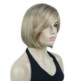 Lydell 8" Straight Short Wigs Bob Hair with Bangs Cute Central Dot Top Heat Resistant Synthetic Wigs (L16/613 Blonde with Highlights)