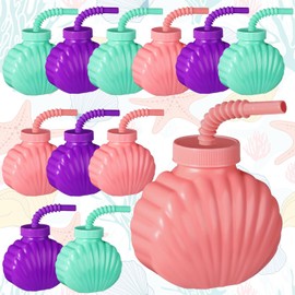 Tanlade Shell Cups 10 oz, 12 Sets, Plastic, Lightweight, Reusable, Ocean/Mermaid Themed, Party Favor Cups with Lids and Straws, for Kids Baby Shower, Girls Birthday Party