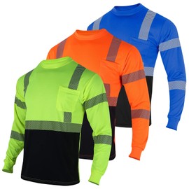 VENDACE 3pcs Safety T Shirts Reflective High Visibility Hi Vis Long Sleeve Construction Work Shirts for Men Class 3 (YOBL,L)