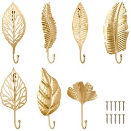 QUMENEY Decorative Wall Hooks Leaves Hooks, Gold Hanging Hook Metal Key Holder, Leaf Vintage Coat Towel Hanger Hat Scarf Hanging for Entryway Home Decor (10)