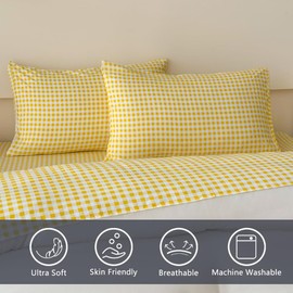 NSNLGSGC Yellow Gingham Queen Sheet Set, Soft Brushed Microfiber Plaid Queen Bed Sheets, 4-Pieces Grid Sheet Set with Deep Pocket