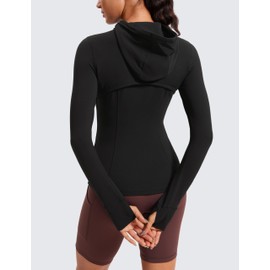 CRZ YOGA Butterluxe Womens Hooded Workout Jacket - Zip Up Athletic Running Jacket with Back Mesh Vent & Thumb Holes Black Small