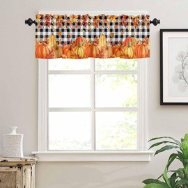 Thanksgiving Orange Pumpkins Kitchen Valance for Window,Fall Pumpkin Leaves Rod Pocket Curtains, Black and White Buffalo Plaid Window Treatment Valance Drapes for Living Room Bedroom,54"x18"