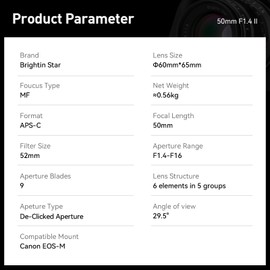 Brightin Star F1.4 - Lente de cámara sin espejo de enfoque manual APS-C de 50 mm, compatible con Canon EOS-M Mount M, M2, M3, M5, M6, M10, M100, M50, M200 (negro)