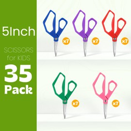 BURVAGY 35Pack 5" Small School Student Left-Handed Pointed-Tip Craft Kids Scissors, Stainless Steel Blades Comfort Grip 5 Inch Safety Scissors Bulk for Kids Children Toodler Cutting Paper Crafting