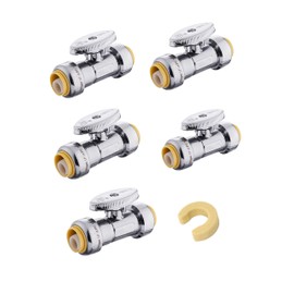 (Pack of 5) EFIELD Push Fit 1/4 Turn Straight Stop Valve Water Shut Off 1/2 Inch Push x 1/2 Inch Push, Chrome with a Disconnect Clip,(PF-VALVE035-5PCS)