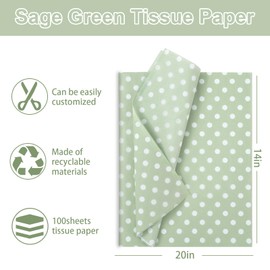 Whaline 100 Sheets Polka Dot Tissue Paper Sage Green White Gift Wrapping Paper Art Craft Paper for DIY Crafts Wedding Birthday Baby Shower Party Decorations, 14 x 20 Inch
