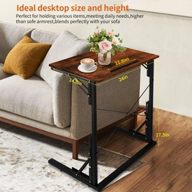 Biinocom 24 inch Foldable TV Tray Table, Foldable Portable C-Shaped Sofa end Table, Oversized Sofa Side Laptop Desk, Suitable for Living Room and Bedroom (1, Rustic Brown)