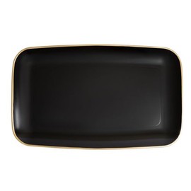EcoQuality 18" x 11" inch Disposable Rectangular Black Plastic with Gold Rim Serving Tray, China Like Party Trays, Heavy Duty Dinner Serving Plate, Platter, Weddings, Baby Showers, Catering (2)